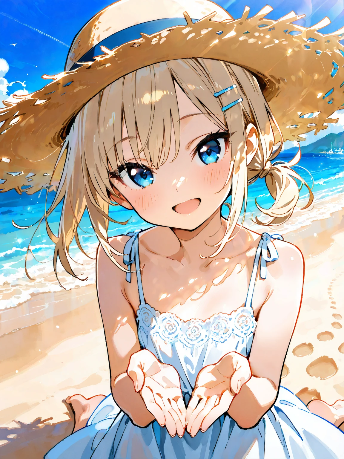 (((Petite girl with blonde twin tails))),( ruffle swimsuit),1girl in,(masutepiece), (Best Quality), (Best Detail), (Distant perspective), (((Sitting))), Very detailed face, , shading ,(((coastal))),((Beach parasol))),(((Soaking wet))),smile、blush,Upper body close-up