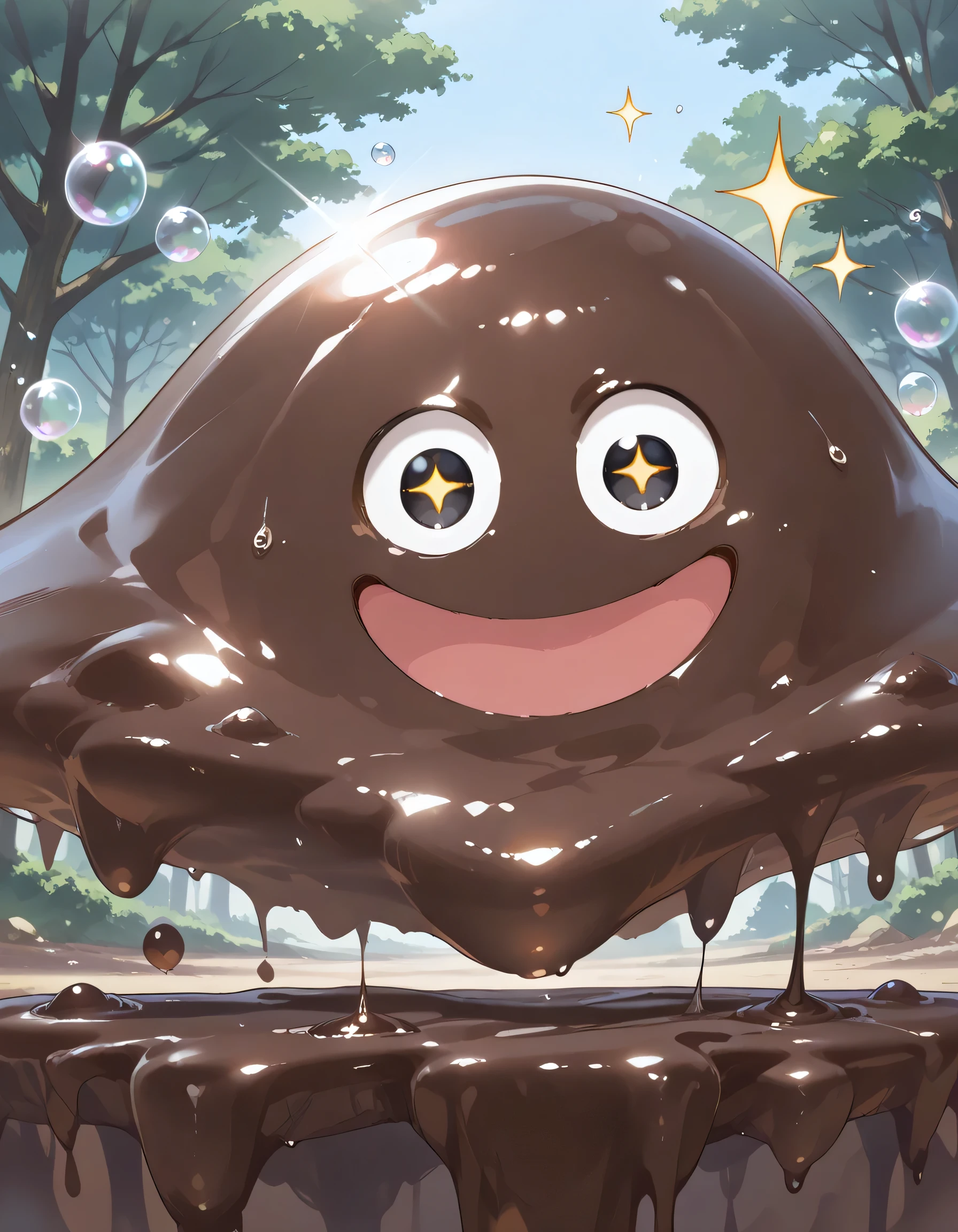 looking at viewer,masterpiece,extreme detailed BREAK 1other,no humans,no_legs,day,outdoors,green tree BREAK hagurin,:D,slime \(creature\),sparkle,bubble, Made of chocolate