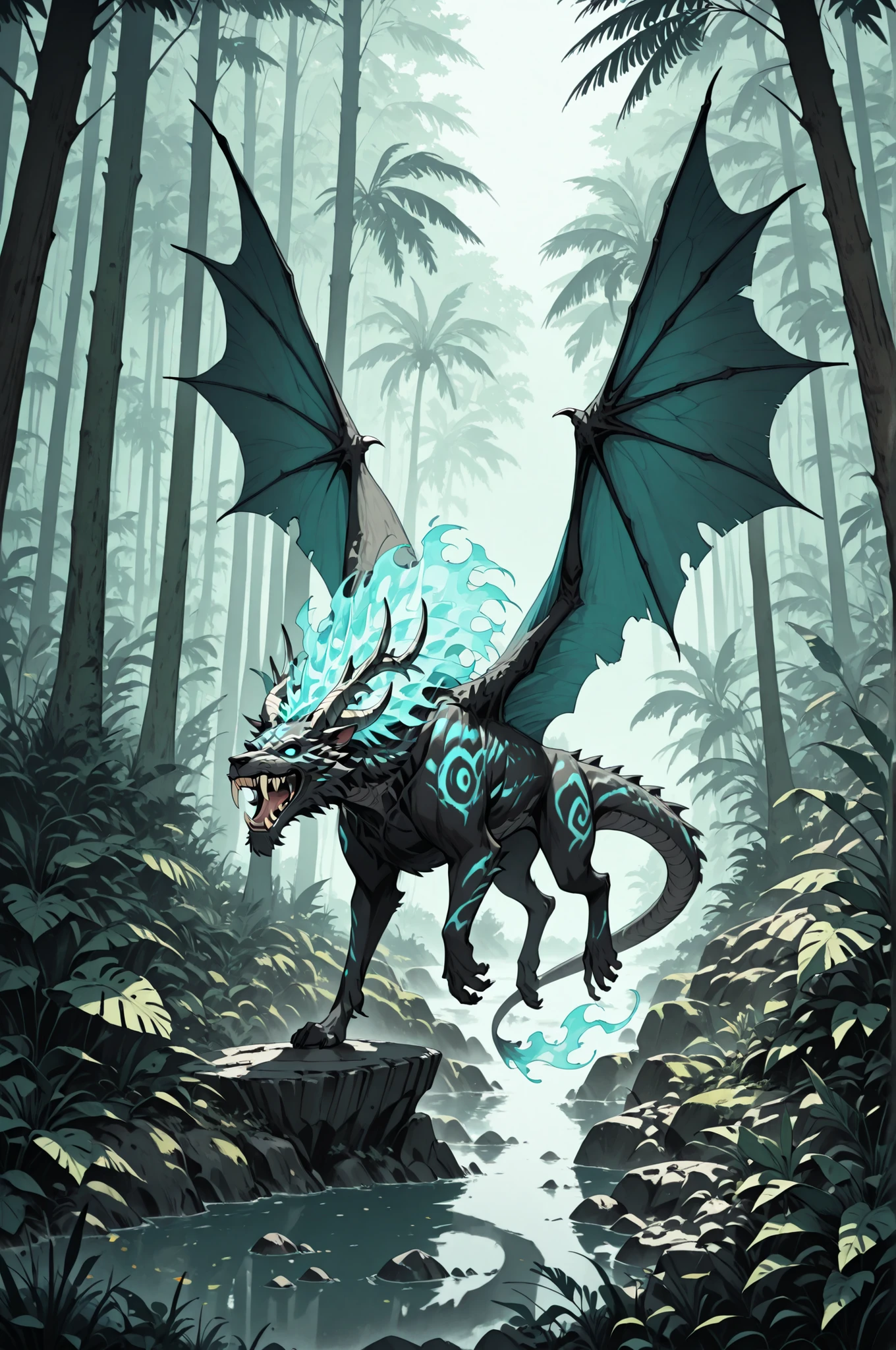 masterpiece, best quality, amazing quality, very aesthetic, high resolution, newest, hyper-detailed, ghost-Dinosau, with a sabertooth, leathes wings, fantasy theme, full body fan art, amazing tropical forest background, depth of field