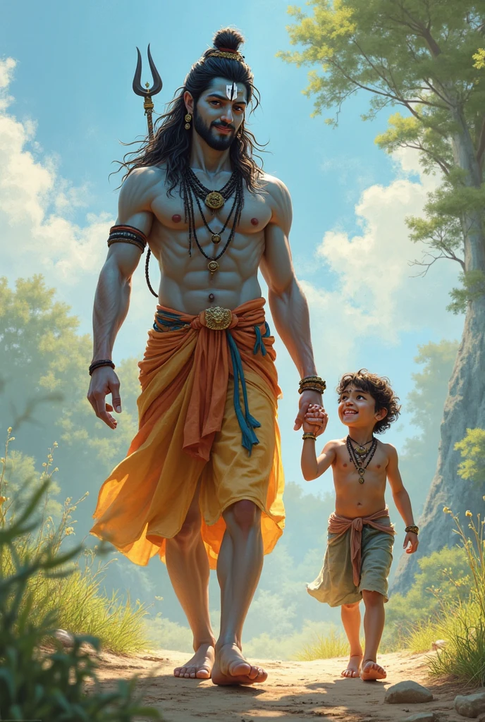Lord Krishna father carrying him on his had and crossing river in heavy rain