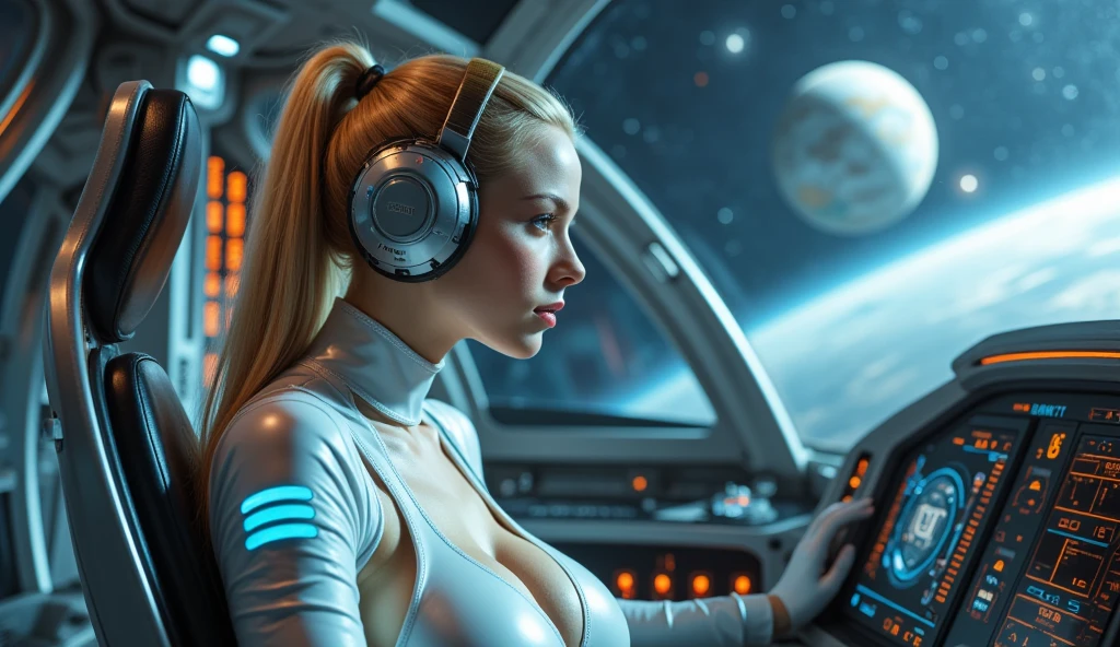 arafed image of a woman in a spaceship cockpit with a computer, heavy metal artwork, inspired by John Avon, disco, beautiful girl on the horizon, videogame cover art, steve oliff, dating app icon, merchant collector, large array, starfire, brian pulido, widescreen, 7 0 s vibe