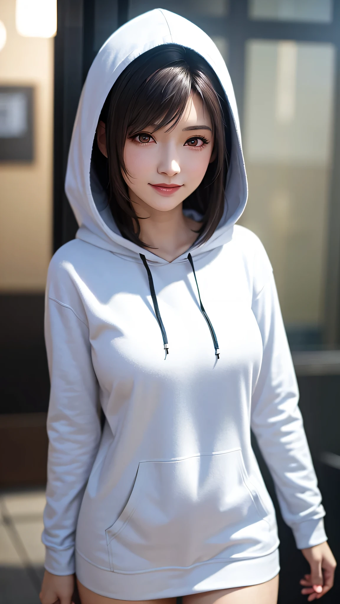 ((volumetric lighting, Best shadows, Portrait of an incredibly beautiful girl, small, Delicate beautiful symmetrical face with attractive yellow eyes, slim build, medium chest, Short orange hair, thin waist, Standing, Short tight blue lycras, ( Top Quality, Amazing Details:1.25), (Only:1.3), Bright Color Paintings, Back Solar Lighting,  Character with Fox Tail, A Beautiful Fox Lady, A Beautiful Kitsune Woman, Portrait, Cow Footprint, Hoodie white hoodie, cow print hoodie))