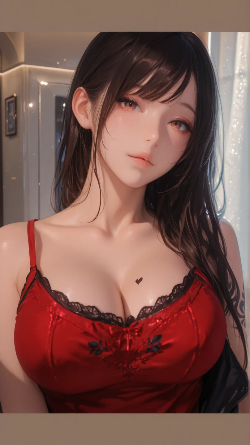 Brown hair, Brown eyes,large breast, red lingerie, red underwear, red bra, sexy, smile, a hotel bedroom