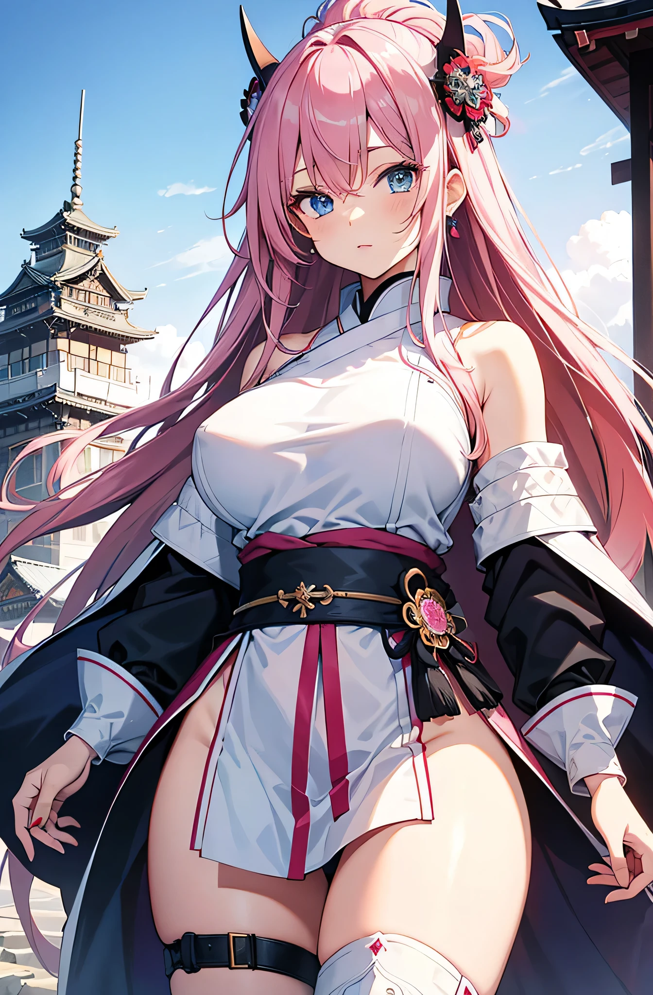 score_9, score_8_up, score_7_up, source_anime, 1girl, solo, BaikenGGXL, scar on eye, scar across eye, eyepatch, red eye, pink hair, long ponytail, big breasts, (right arm amputee), cleavage, kimono, multicolored kimono, brown sash, red rope, rope belt, bandages, standing, grin, smiling, cowboy shot, looking at you, japanese garden, cherry blossom