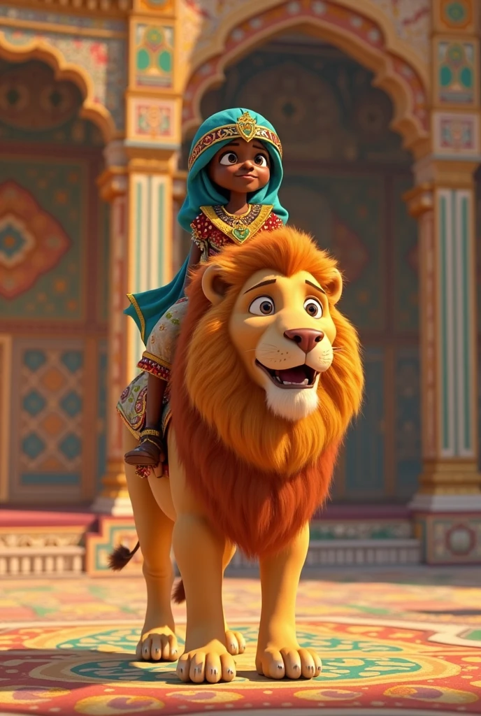 Desert Princess, Masterpiece, high resolution, Realistic, Detailed Description, Anatomical integrity, Camel decorated with a tiara and royal attire, smiling proudly with long lashes down, A smiling Arab royal girl of about 10 years old watches over a camel., Surrounded by the royal family&#39;s retainers, Royal palace in the desert, Camel in focus