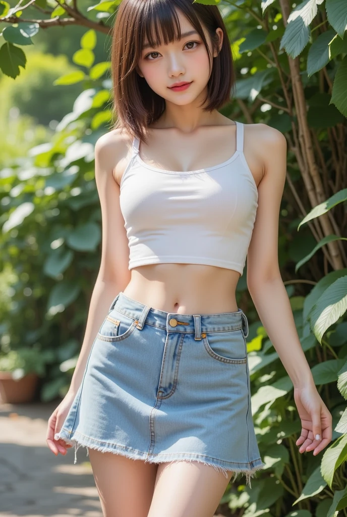 Ultra-high resolution, Superior Quality, Highest quality, Very detailed, Realistic, 8k, RAW Photos, Highest quality, masterpiece, Attractive girl, Awesome girl, Brown Hair, Shoulder-length layers, asymmetrical bangs, K-POPアイドル, Sophisticated, stylish, Shibuya Ward, ((masterpiece)),(((Highest quality))),Thin thighs,Long legs,Girl standing in school corridor,bangs,A small smile,Random Pause,cute girl,Slender girl,(Photo realistic:1.4), (hyper Realistic:1.4), (Realistic:1.3), (Smooth lighting:1.05), One Girl, Pure beauty, Age 19. Lovely, cute, Tank top, Warm Light, Realistic lighting. Backlight、Facial Light, (Cheerfulness:1.2). (Improved image quality:1.4). (Top quality real texture skins). Finely grained. The small face of a skinny girl. Proudly. Pointed jaws. Face close-up. Korean Idol, Gravure Idol Pose Slender. Glowing Skin, Nogizaka Idol,The best smile