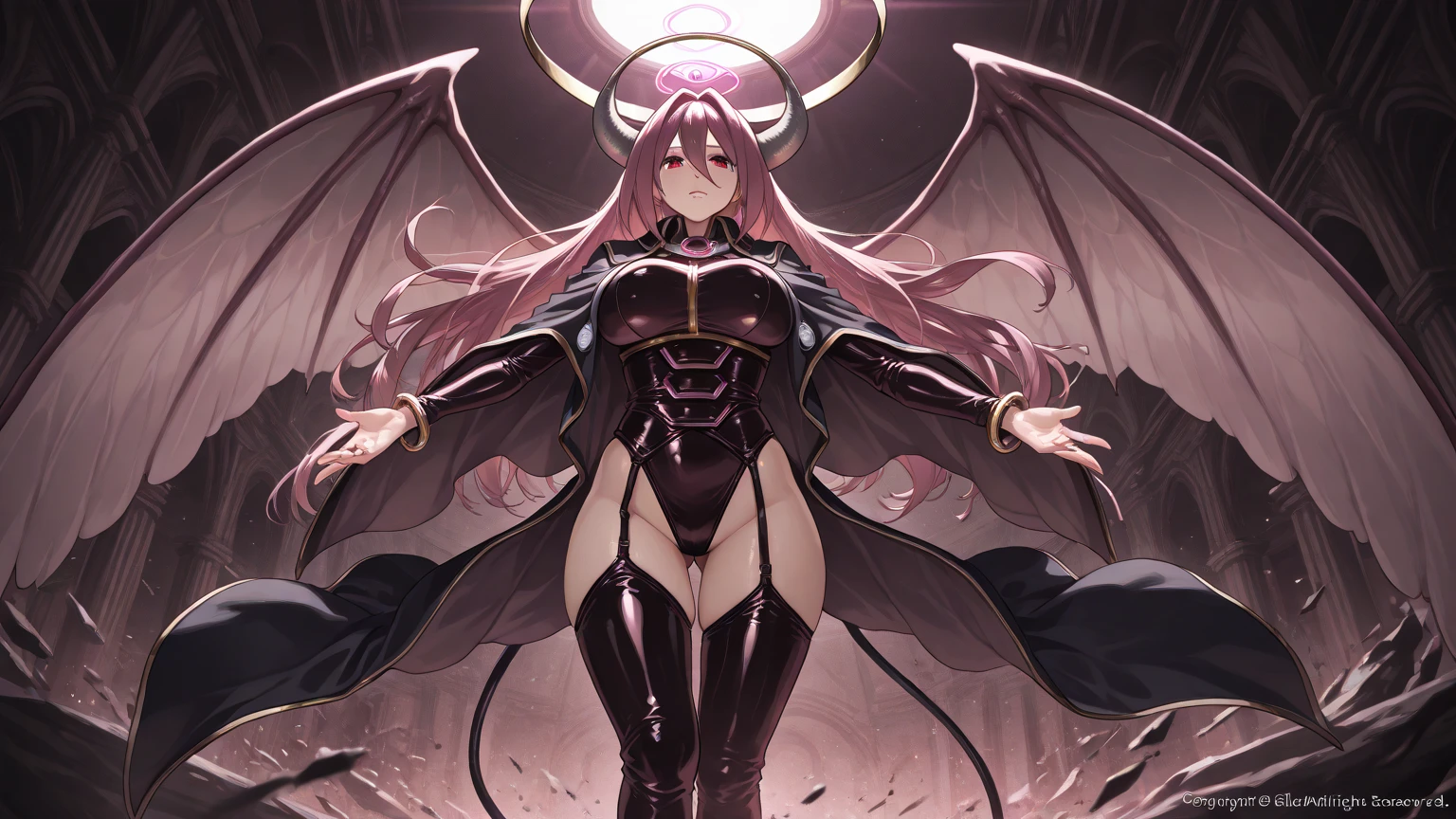 ((Highest quality)), ((masterpiece)), (detailed), （Perfect Face）、The woman is naked and is the Dark Queen of the Black Moon of the Demon King, the Demon Queen Extia. The woman is wearing a shiny black full-body bodysuit decorated with gold and is a sexy female demon with jet-black skin, the Devil Queen Extia.、The woman is a jet-black female demon with magnificent devil horns, jet-black devil wings, and a jet-black tail. Her skin is jet-black and she has a black inverted crescent moon mark on her forehead. She is the jet-black demon Devil Queen Extia, looking at the camera with a happy expression, and has blue, medium-long hair and the expression of a girl in love.、The woman is Devil Queen Extia