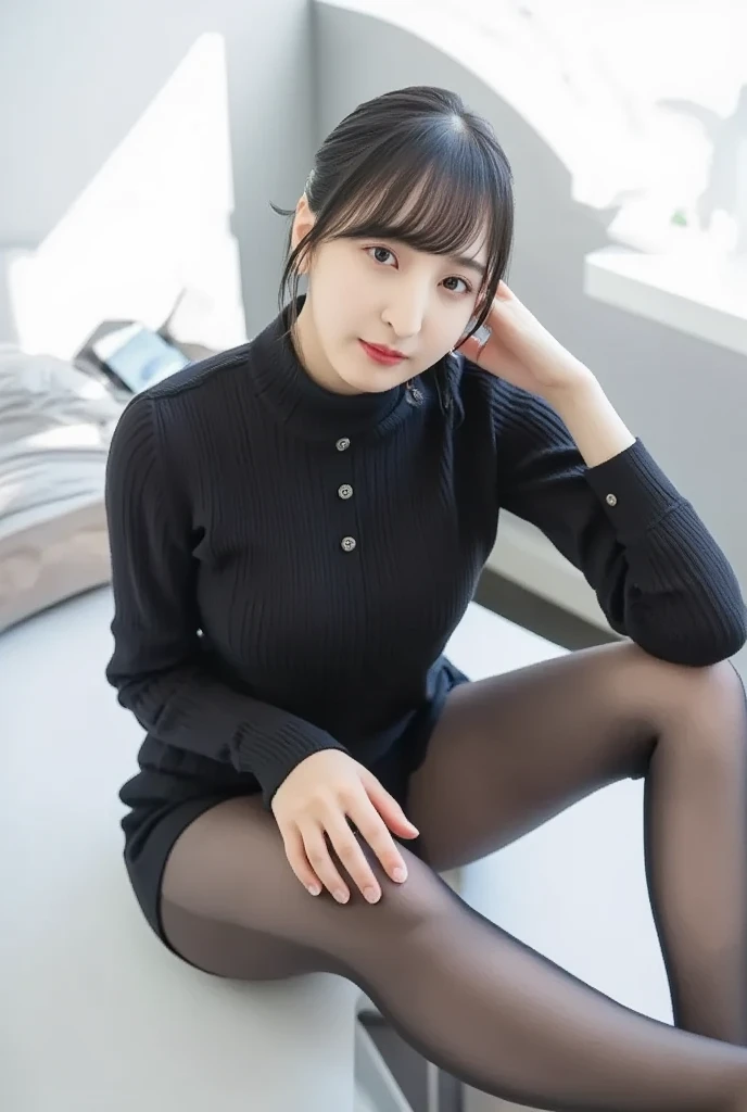 Aarav woman sitting on a chair in a black turtleneck sweater, Korean model ties her hair up loudly