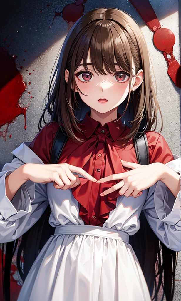 heart-shaped pupils,(sfw), (masterpiece:1.2), best quality, masterpiece, highres, original, extremely detailed wallpaper, (ultra-detailed), (best illustration), (best shadow), (Kobeni), big breasts, perky breasts, (white collared shirt), (blood stain:1.1), (horrified:1.2), (black necktie), (shirt stain), (stained), 1girl, looking at viewer, (scared:1.2), (tears:1.1), (brown eyes), (peace sign),tongue out, tongue, heart-shaped pupils