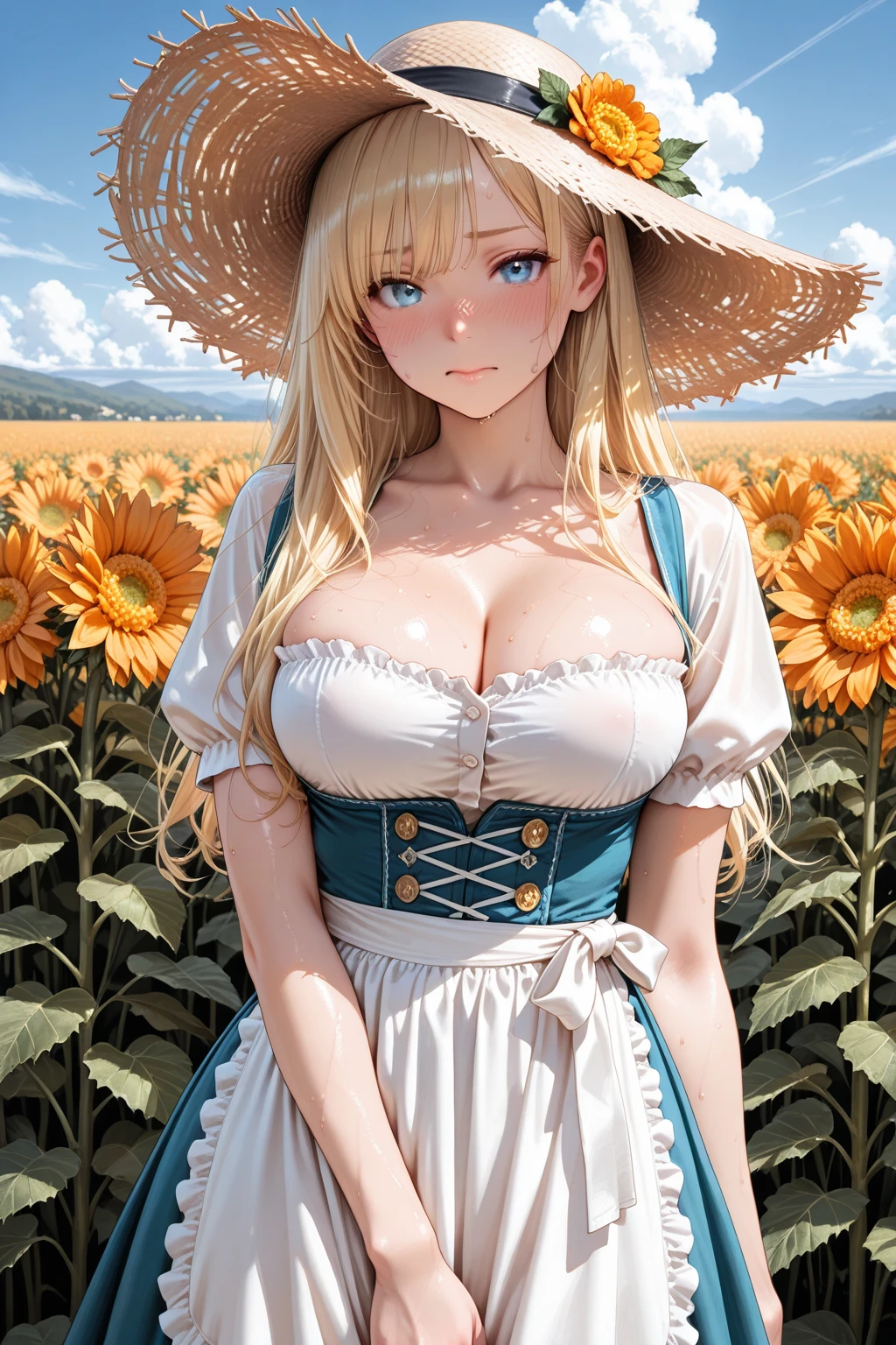 Very large O cup breasts、Shapely breasts 、 Show off your breasts、Silky shiny skin、sexy, Very beautiful lovely face、Cute Face、 Gorgeous silky blonde hair、Round eyes、 Bangs swaying in front of the face、A beautiful and cute 20-year-old woman、 Big and ample breasts、 she spreads her legs wide and flaunts、Showing very large breasts、 Plump、Super glamorous、Are fat、Bigfoot、Big body、 Chubby、Beautiful thighs、Low - Angle、Scene looking up from below、 Chubby weighs 120kg、 Fat guy、cute、smile、Very glamorous、Nordic women、Clear white skin、Summer Plateau、Sunflower field、Blue sky、cumulonimbus、Straw hat、White shirt