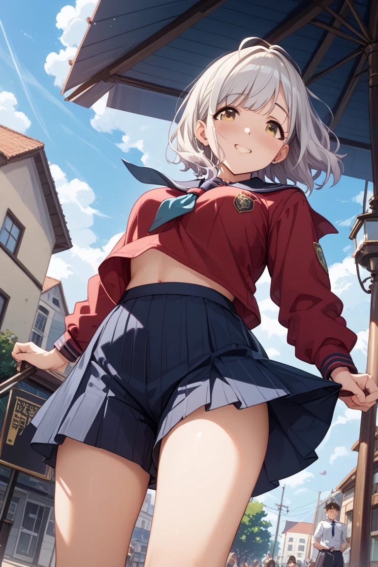 ((masutepiece, Best Quality)), (1girl in), (Solo), (female focus), (confront the hero), (Hair that flutters in the wind, White hair, Medium Short Bob,Short side braid), Young Face, upward facing light blue eyes, lightsmile, Open mouth, ((pleatedskirt), (Short skirt), (plaid skirts)), Starry sky in the background, arms behind back, Dynamic Angle,Japan High School Student, Cute little girl s