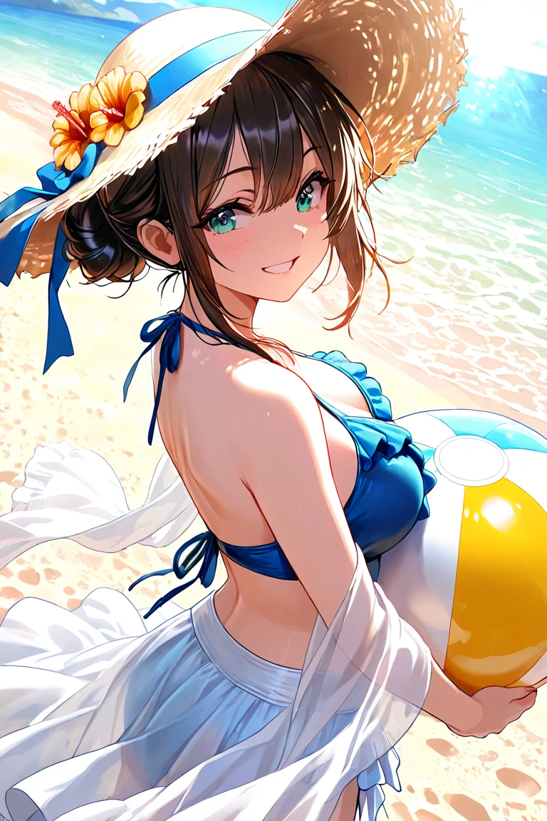 (masterpiece), (best quality), (ultra-detailed), photorealistic, (best illustration), (an extremely delicate and beautiful), 1girl, solo, detailed scenery, radiant beach, blue sky, white cloud, kcshigurek3su, cowboy shot, leaning forward, finely detailed iris, detailed eyes, side-tie bikini bottom, hair ornament, hair flaps, single braid, brown hair, straw hat, hat flower, front-tie bikini top, black necktie, collared shirt, see-through, blue bow, light smile, short sleeves,
Very Fine Eyes Very Fine Face、Insanely detailed body、Extremely fine skin, very elaborate hair ornament, Precisely shaped body and hands Wet Transparent Shirt