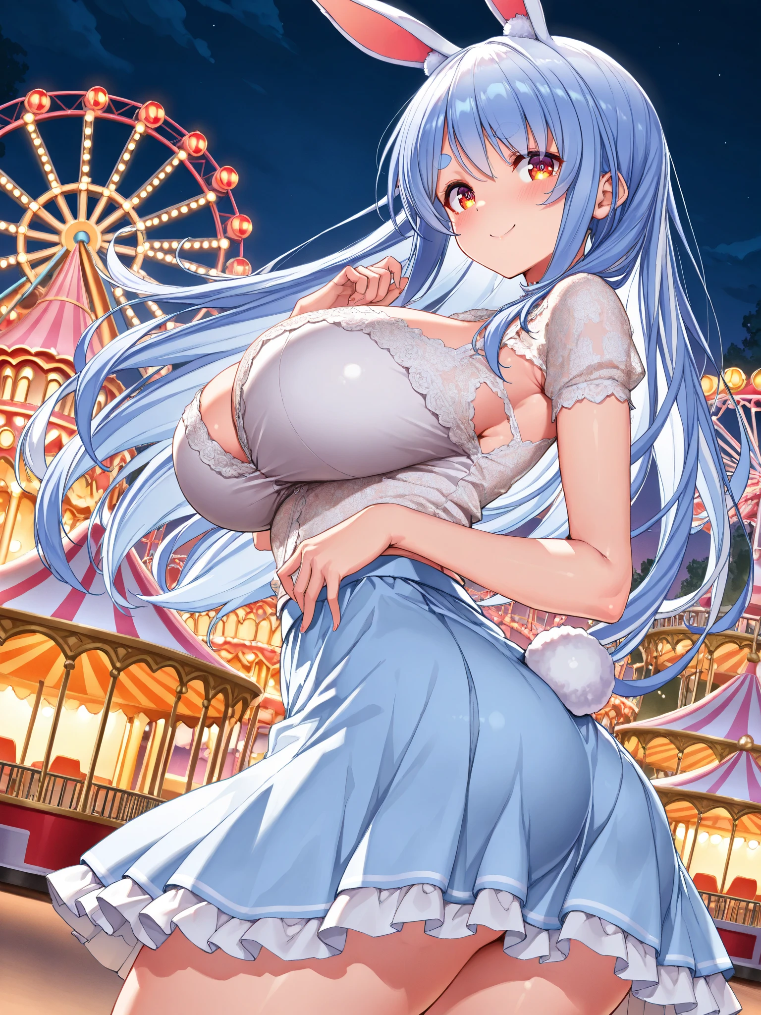 nsfw, nude, naked, 1girl, large breasts, nipple. empty eyes,,shizu murasame, long hair, blue eyes, black hair, sidelocks, hime cut, bangs, blunt bangs,,, 16 years old、 crying 、whole body, amusement park、
