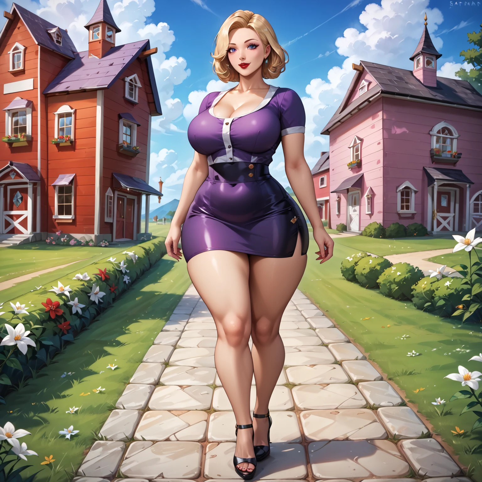 "1 girl, walking in a tight dress, round breasts, curvy figure, in a cartoon style, vibrant colors, high resolution (8K or 4K), enhanced dynamic range (HDR)."
