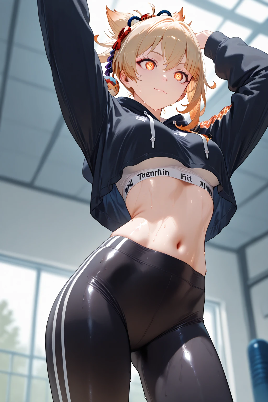 1girl, solo, (masterpiece), best quality, expressive eyes, perfect face, cowboy shot, low angle, (close-up legs), Yoimiya 'Genshin Impact', blonde hair, short hair, in a TRAINING CROPPED oversized black HOODIE, navel, midriff, long sleeves, wearing leggings, spandex, standing, fit check, contrapposto, (arms up), sweaty midriff, light smile, gym background,
