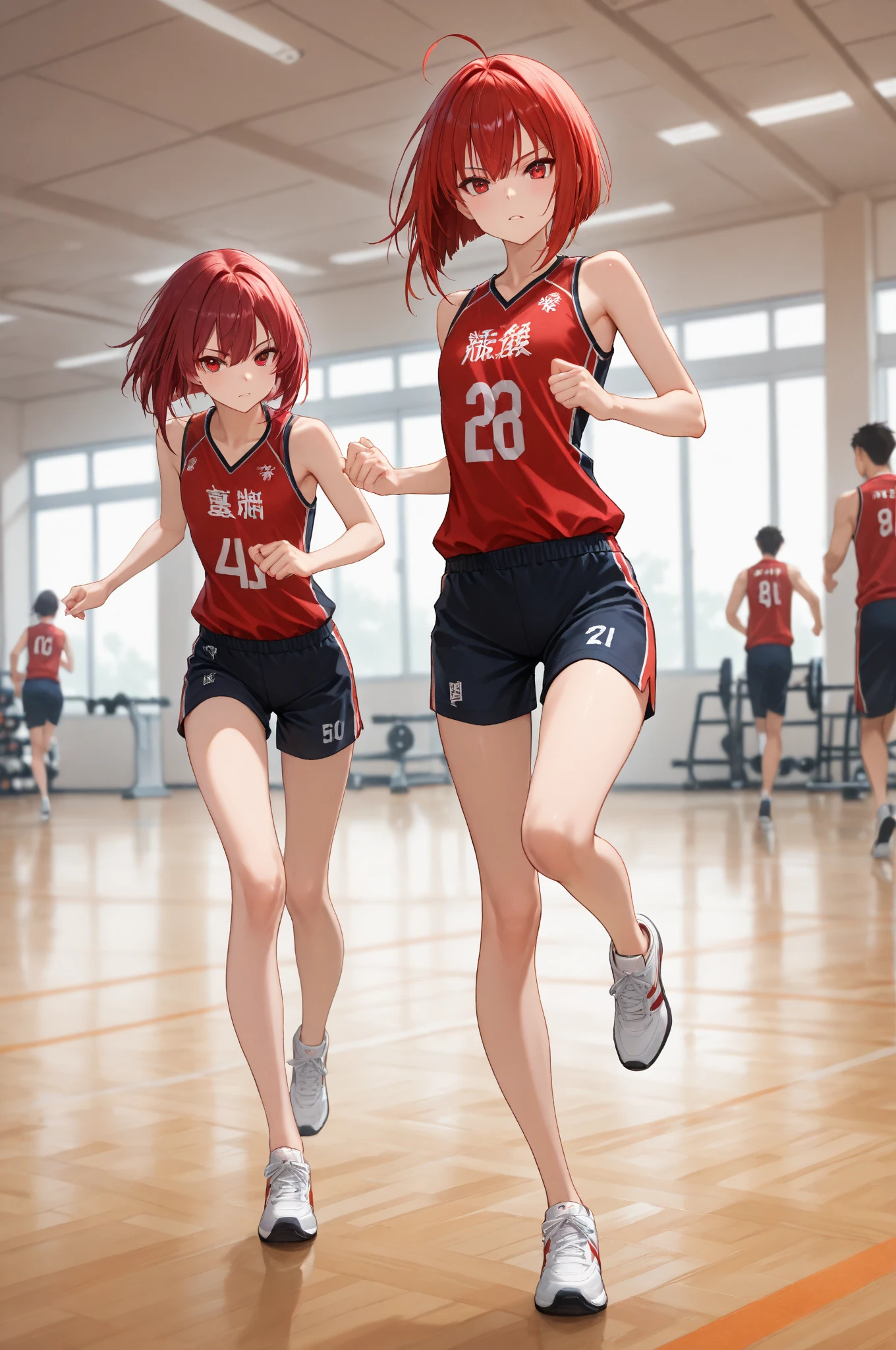 Female red short hair side bangs golden pupils short pink shirt white skirt white socks white sneakers