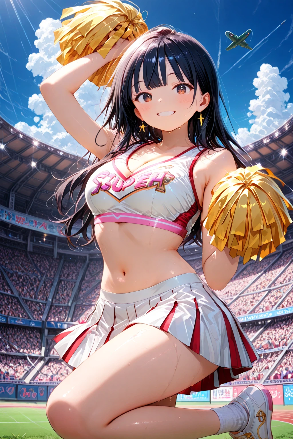 Arab Federal Reserve Bank Asian cheerleader poses dynamically in the stadium，Holding a large pom-pom in both hands、write、closeup cleavage、cosplay foto、Anime cosplay、smallunderboob、RAW photography, top-quality, A high resolution, (tmasterpiece), (Photorealsitic:1.4), professional photoshooting, foco nítido, NFFSW, 8K分辨率, intricately details, depth of fields, the Extremely Detailed CG Unity 8K Wallpapers, Frontlighting, Girl vs, Beautiful supermodels, A smile、slenderness、Mary Ross、twin-tail hair、Dense depiction、Korean uniform、(posterior view)、Peek from below、(skinny thigh)、White underwear is visible