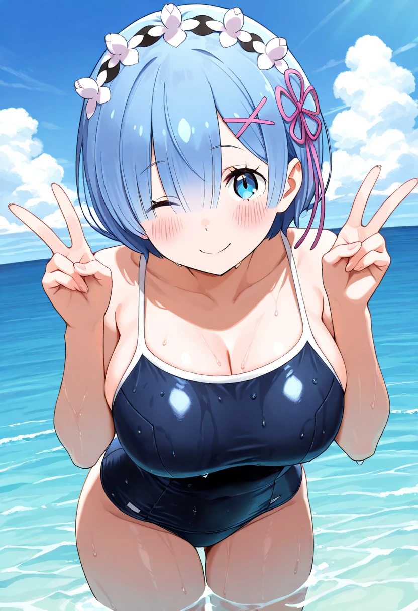 1girl, rabbit ears, light blue hair, very short hair, one eye closed, purple eyes, large breasts, thick thighs, white bikini, beach, blue stripes, ((blue stripes)), striped bikini, blue hair, smile, animal ear fluff, hourglass figure,, bare legs, v, double v, peace sign,