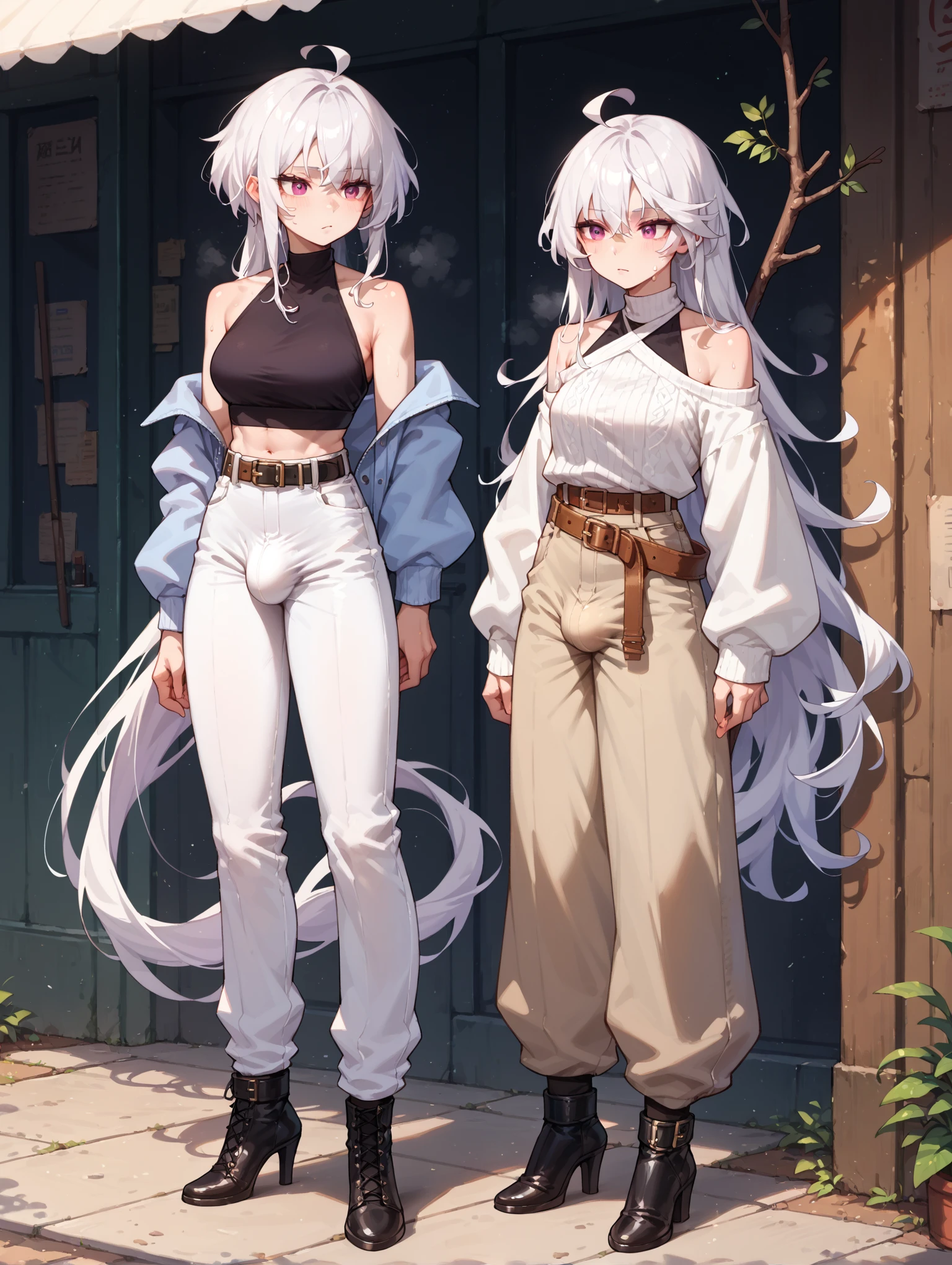 Bunny woman, rabbit woman, baggy pants, belt, blue eyes, tan skinned female, tanned, tan skin, dark skin, long pony tail, light brown hair, midriff, arm wraps,