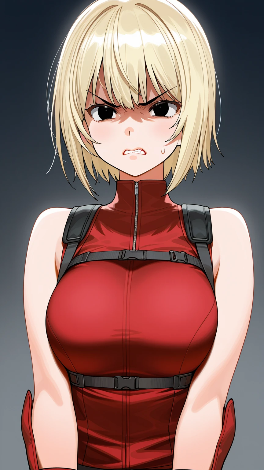 highest quality, High resolution, AND18, 1 girl, android 18, alone, golden hair, blue eyes, short hair,earrings,big breasts, frown,embarrassed face, Sweat,1 girl, Black tight suit, streak,looking at the viewer,Put your hips on your hands