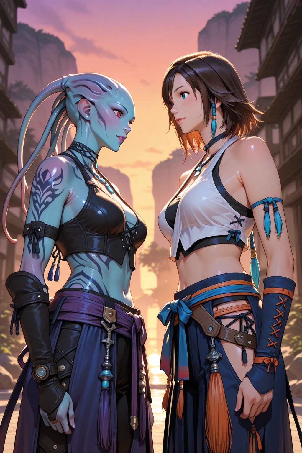 (((woman))), (((best qualityer))), (((tmasterpiece))), (((AS-Adult))), ((( Japanese ))), Look up from your knees, A beautiful asian samurai woman with perfect body, Modern samurai, ((( Asian))), Wear gloves on your hands，The left arm is made of steel and metal tips，Made of protective devices, The eyes are pulled, (( Appears below the breast )), (( Small dental floss )), Simon Bisley, Almost naked（Simon Bisley）Castle City Wilderness，For high-resolution posters, hair straight, Minimum clothing, armure (Crazy clothes ), Full of tips and rivets, tribal tattoos, (((full bodyesbian))), Straight brunette hair，Colored hair ends