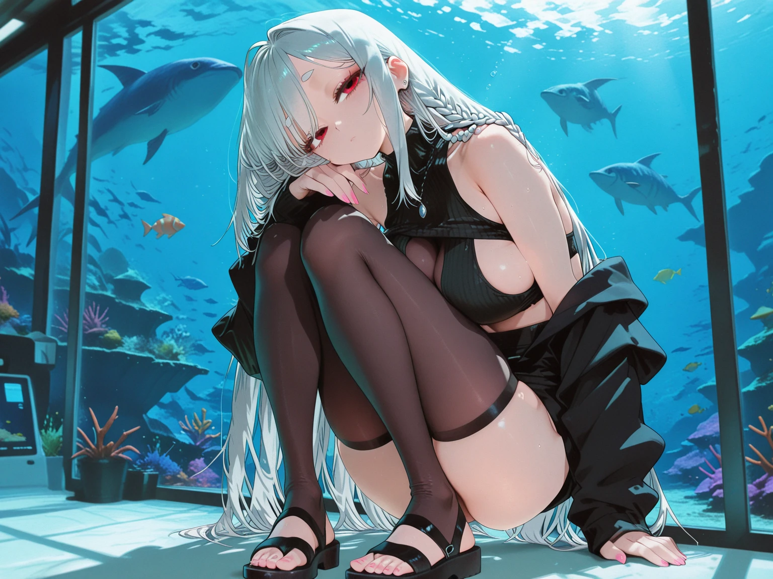 (2heads:1.4), (masterpiece, best quality:1.2), cowboy shot, solo, 1girl, gbfshalem, dark skin, dark-skinned female, pacifier, looking at viewer, braid, black dress, bare shoulders, floating, sitting, legs crossed, crossed legs, 4k, 8k, absurdres