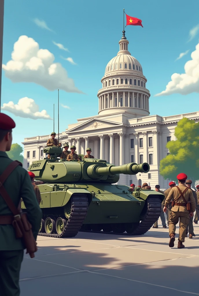 A chftntank tank at a military parade, displayed proudly on a city street lined with flags and cheering crowds, with historic buildings in the background ((pulp_comic, heavy_lines, hand_drawn, hand_inked, hand_colored, perfect_face, apxlz))
