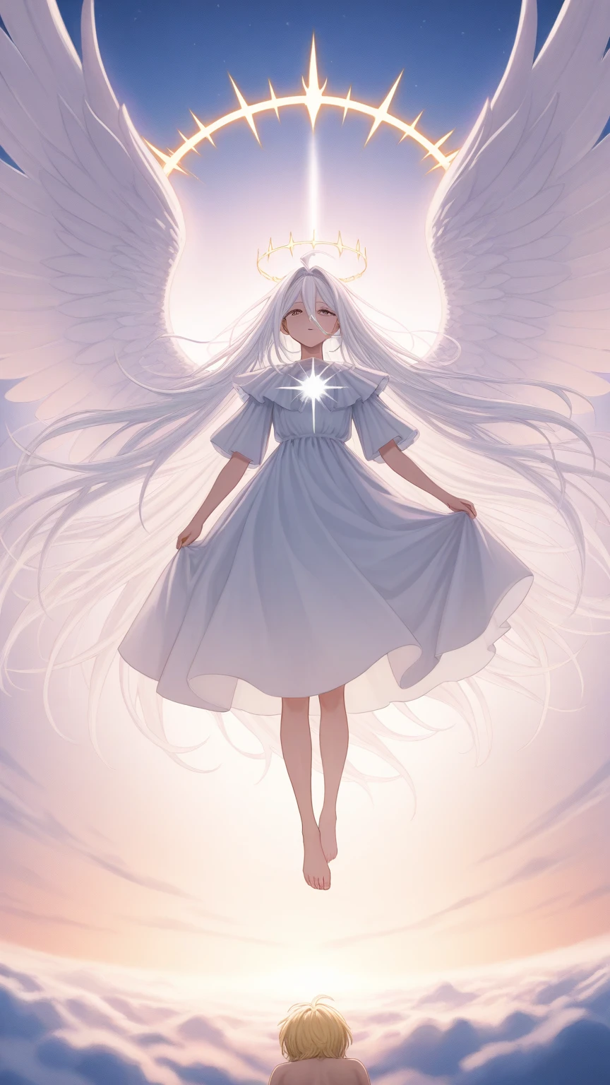 Watercolor-like,Faint and fleeting,A delicate and elegant girl, Long wavy hair that reaches the knees,White hair is very attractive, Detailed and precise manual work, Attractive girl, White cat ears, look at me, Purple eyes and white eyelashes,Her cheeks turned red,Big angel wings, A subject that stands out against the dark night sky,A girl surrounded by purple flowers, White Dress, Dramatic moonlight that makes your subject stand out,star,惑star, barefoot,Ankle decoration,floating、Night Sky Girl。