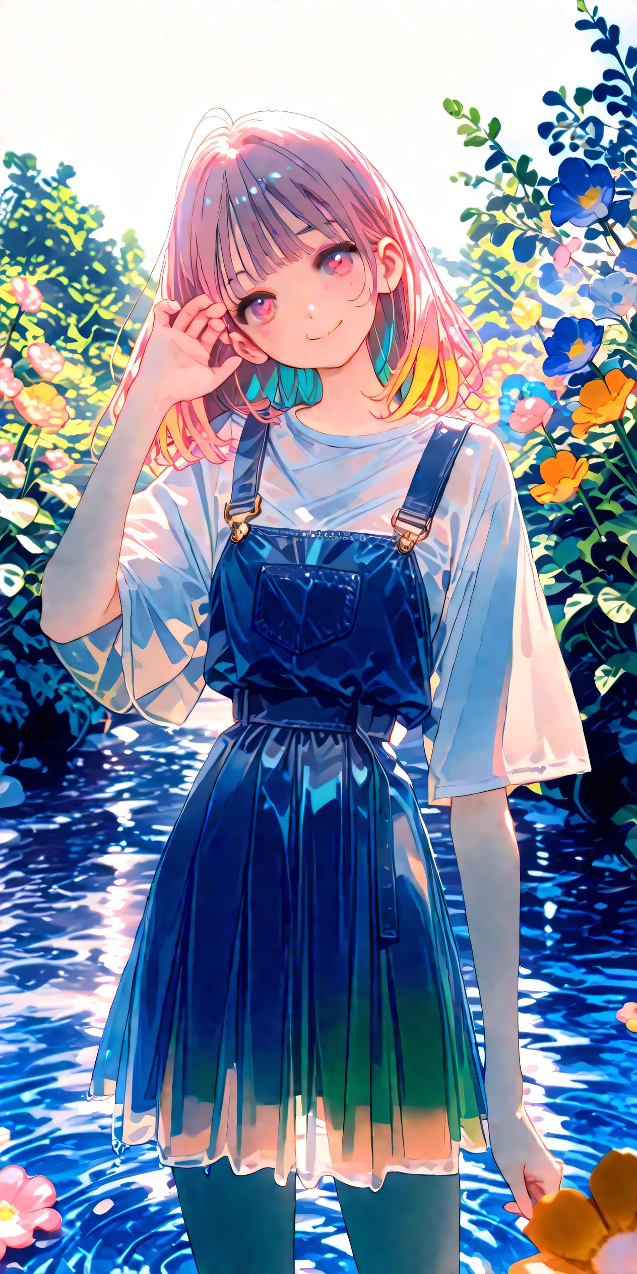 summer,Daytime,illuminated by sunlight,1girl,See-through Skirt,water色,water,Smile Yan,cute,cool,colorful,Overall view,The background is gently illuminated,Anime Chic,safe content (masterpiece, 最High Quality, High Quality, detailed background, complicated details,complicated,Ultra High Resolution, very beautiful,Newest:1.2)