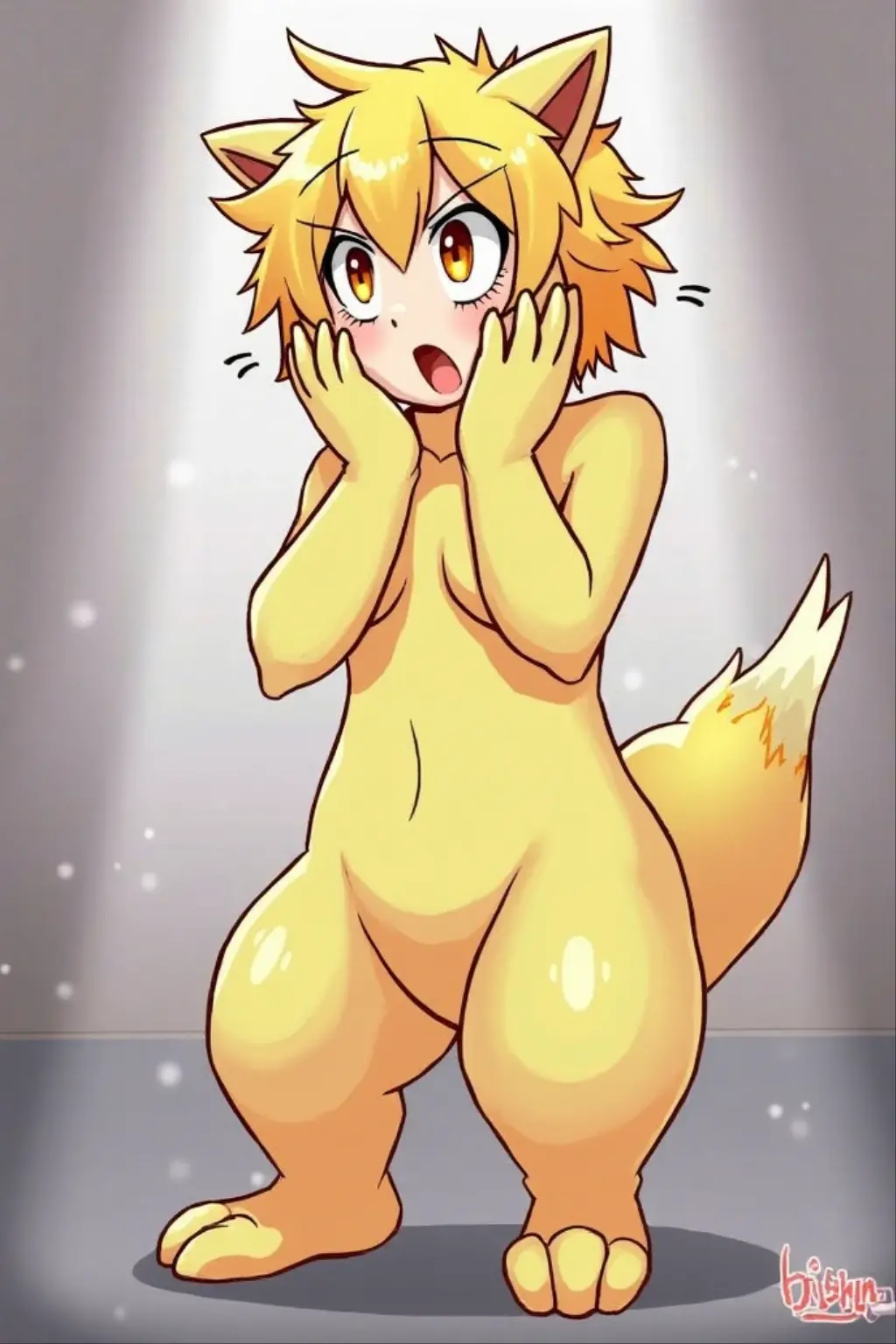 1 Kemoro Girl,1 Kemoshota boy,Get close, Dynamic Angle, Sticking out tongue,Naked,Naked,Completely naked,Chemotin,whole body,Embarrassed expression,Feeling embarrassed,Embarrassing pose,Embarrassing appearance,Exposed,In public,Everyone is watching,To be photographed,Be a spectacle,