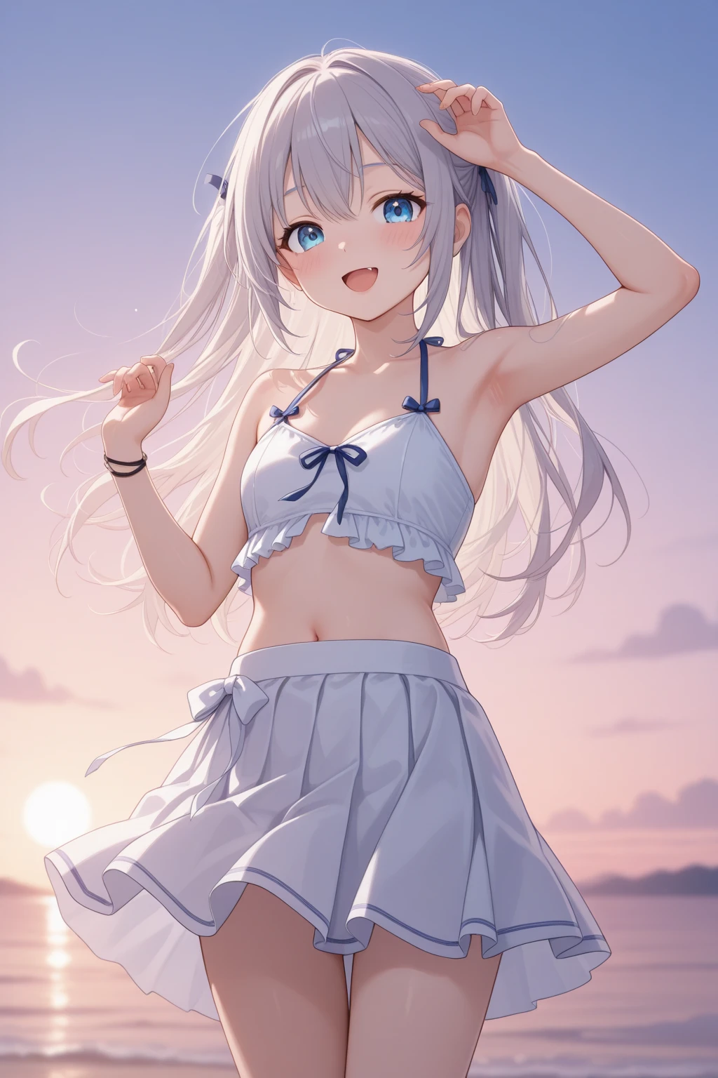 highest quality、Smirking face、belly button、White bunny ears、Long silver hair、camisole、Shorts、grassland