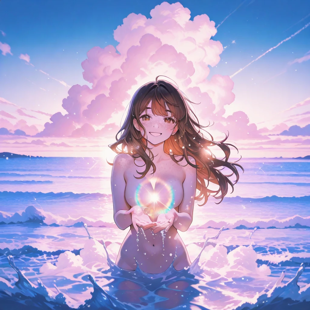 princess cut,naked, 光沢のあるnipple、(masterpiece),(highest quality:1.0), (ultra high resolution:1.0), Detail view, 8k, anime, masterpiece, brown eyes、nipple、provocative look red wavy hair very big breasts Fair skin highly detailed chest very fine eyes beautiful starry sky、grassland、thick eyebrows、one girl,grasslandの背景、blue sky、show off your chest、spread your legs、first-person view