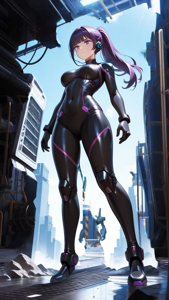 A fierce giantess in a tight purple bodysuit, with long blonde hair and piercing violet eyes, stands triumphantly in a neon-lit cyberpunk city. Her powerful legs crush advanced vehicles and buildings as she stomps through the streets, her hands on her hips. Tiny humans scurry around her feet, trying to escape. Her voice is filled with mocking laughter, her body exuding dominance and raw sensuality. Giantess, Goddess, sexy legs, bodysuit, hot, curvy body, mommy issues, tiny people, macrophilia, perspective from below, high quality, almost naked, mature woman, cyberpunk city, erotic.