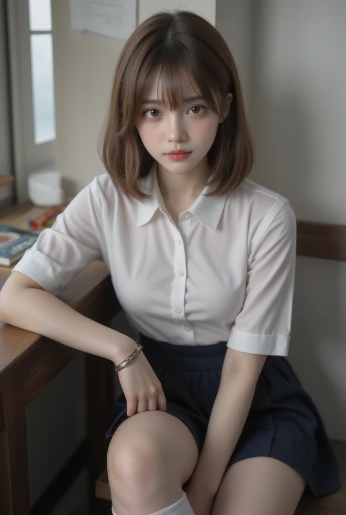 masterpiece, Highest quality, (a beauty girl:1.3), (15 years old:1.3), Very fine grain definition, (Symmetrical eyes:1.3), (school uniform, Short sleeve, White shirt, neckerchief:1.2), mini skirt,Thighs,Brown eyes, Parted bangs, Brown Hair, girl, delicate girl, (Eye and facial details:1.0), (RAW Photos, Professional Lighting, Film Grain, chromatic aberration)
