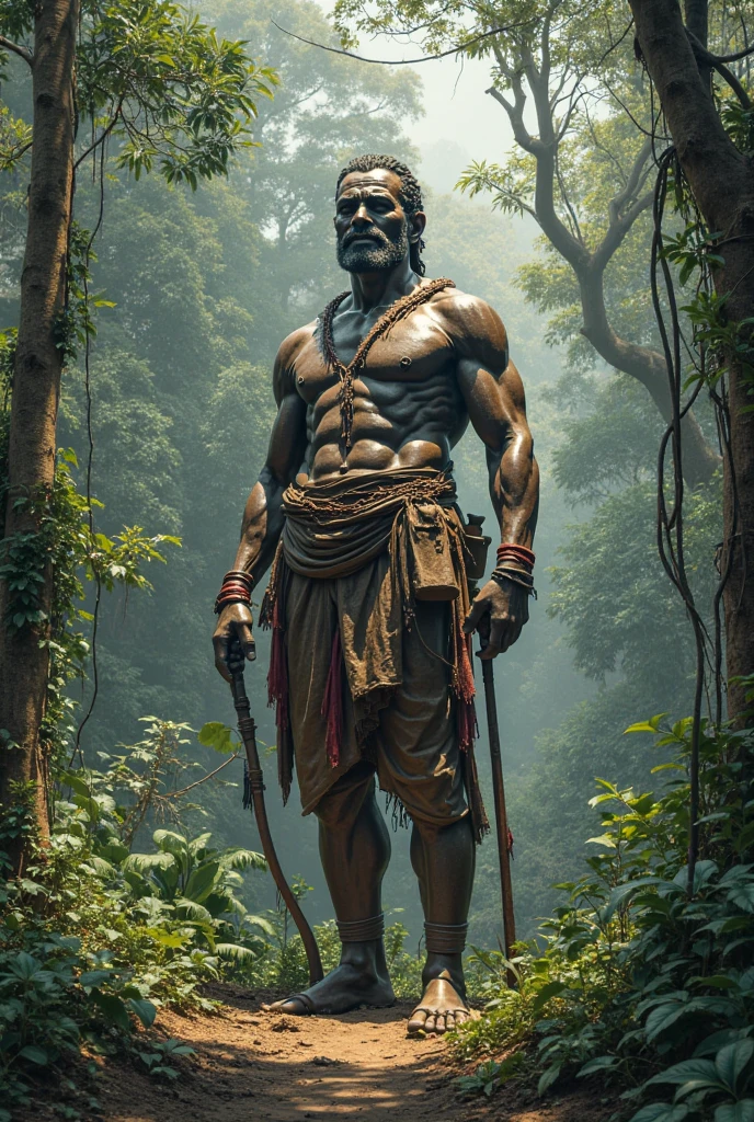 10 feet statue of guru Dhronacharya in a forest with bow and arrow in mythological theme with oldman skin of 60 years with average unfit body 