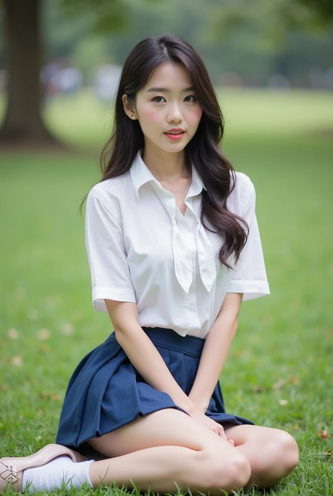 A woman who has been and tied up、Hands are tied in handcuffs、Standing in the grass、blue sky、Facing forward、White panties are visible、21talent、Beauty、Well-formed face、Make your eyes even、Beautiful black hair、Has bangedium build、Well-balanced proportions、Beautiful legs、Dark short-sleeved shirt、Long skirt、Like real life、highest quality、