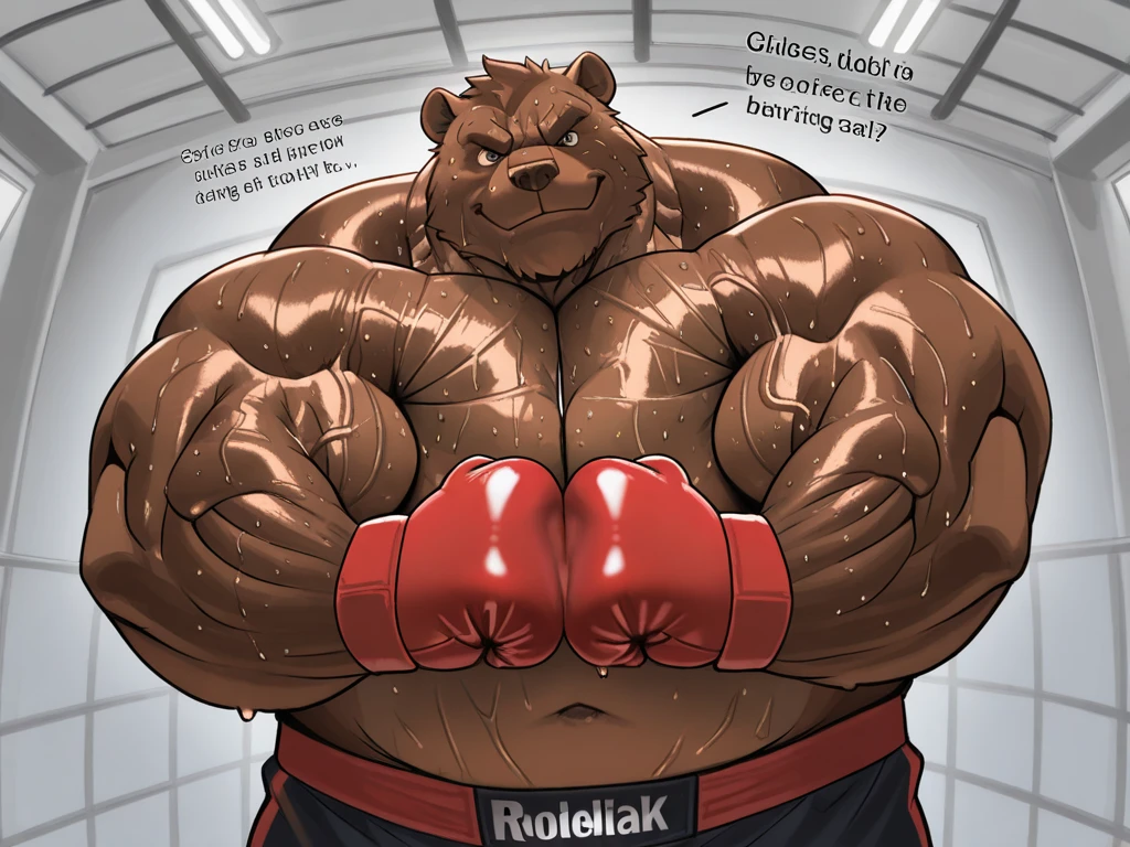 a huge muscular kodiak brown bear, extremely detailed brown fur, powerful pecs, beer belly, veins popping,red boxing gloves, black boxing pants with red line, flexing for boxing victory, masterpiece, 8k, ultra-detailed,realistic,photo-realistic,physically-based rendering,vivid colors