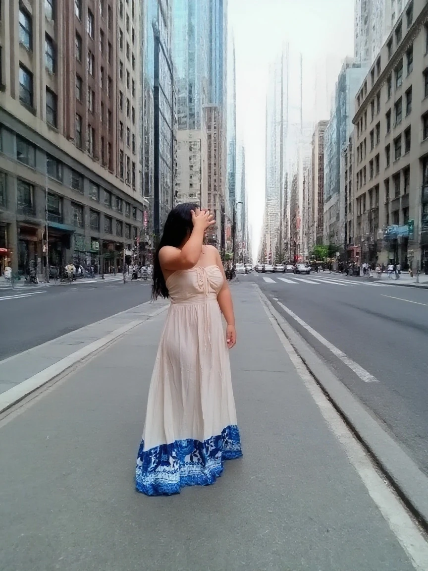 high quality,8K,high resolution,wife holding flower bukka and one big cyber drone is there behind,POV from behind 1 personality,tall,realistic texture,Much Muchi,cute smile,one hand on back hip,(Plump body 8),(beautiful sky blue long frock, added white net design on endings),(Muchimuchi body 8),(newyork building or garden scenery),colorful, perfect round detailed sunglasses,
