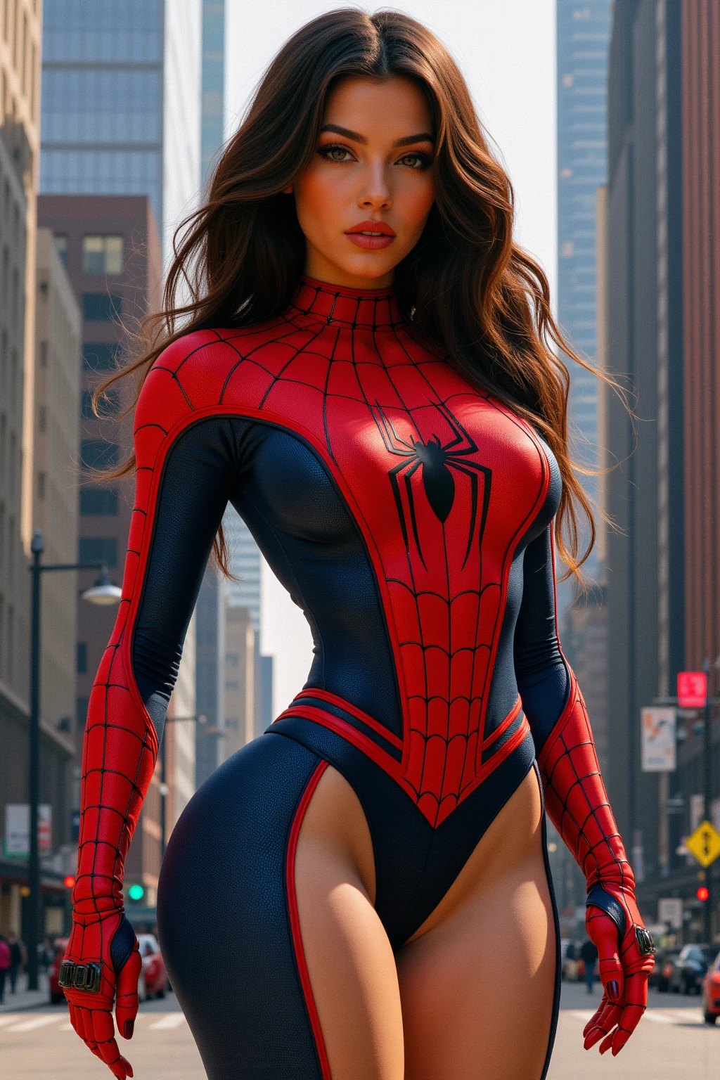 nsfw:1.1((Cowboy Shot))、Mature Woman、(masterpiece, Highest quality), Intricate details, 8K, 1 Girl, Long Hair, Bowl Cut Hair,((blunt bangs))、 Black Hair,((Spiderman Suit)),Skyscraper, city, building,street,((Delicate painting)),(Detailed RAW photos of girls), (Pieces fly:1.25), (Highest quality:1.6), (Ultra-high resolution:1.5), (Photorealistic:1.75), 8K resolution, Canon EOS R5, 50mm, Confused, Very detailed,Cinema Lighting、(((Super big breasts)))、Leg spread、The abdomen is visible、((Separate suits))、Spider knee-high socks、Sexy pose、spiderman bikini、(((Ripped and tattered suit:1.1)))