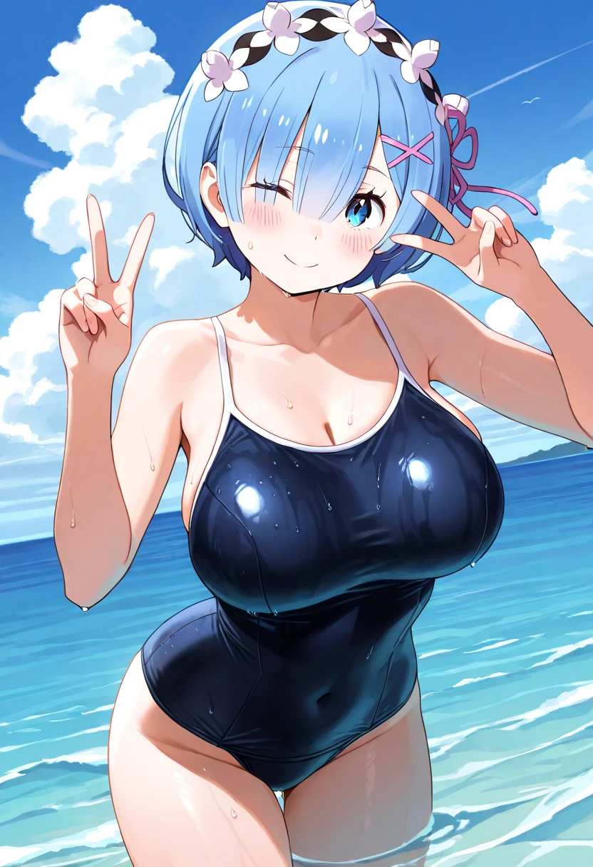1girl, light blue hair, blue hair, very short hair, one eye closed, purple eyes, large breasts, thick thighs, hourglass figure, cute face, light smile, beach, one-piece swimsuit, ((competition swimsuit)), blue one-piece swimsuit, rabbit ears, animal ear fluff, bunny ears