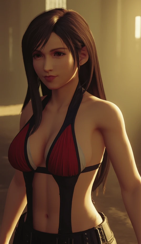 (best quality,ultra-detalhado),(Realistic:1.37),Tifa Lockhart, Rosto bonito e detalhado, expression of anger, maquiagem preta nos olhos, textura ultra realista, rosto delicado, corpo delicado, Fit physique