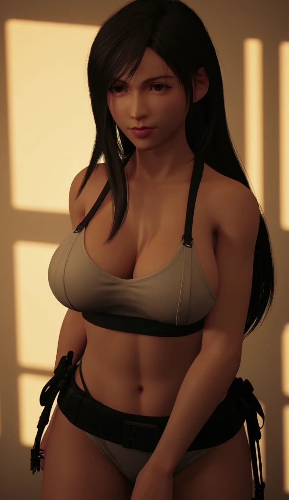 masterpiece,best quality,extreme detail,8k,<lora:momiji-12:0.8>,momiji2, 1girl, solo, long hair, breasts, looking at viewer, large breasts, black hair, navel, brown eyes, underwear, nipples, standing, panties, ponytail, thighs, cowboy shot, choker, nail polish, bra, covered nipples, lips, fingernails, see-through, hand on hip, shiny skin, black panties, black choker, black background, black bra, contrapposto, toned, sports bra