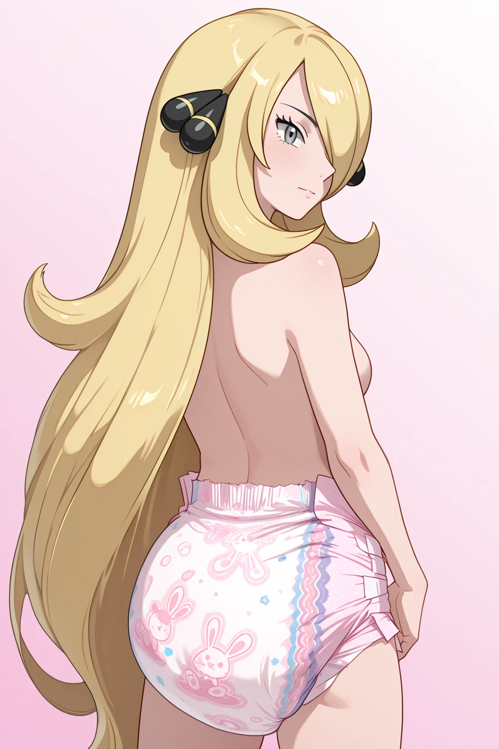 hoshinoruby, star-shaped pupils, ruby_hoshino, blonde hair, bangs, 1girl, pink eyes, long hair, bikini, cowboy shot, back view,