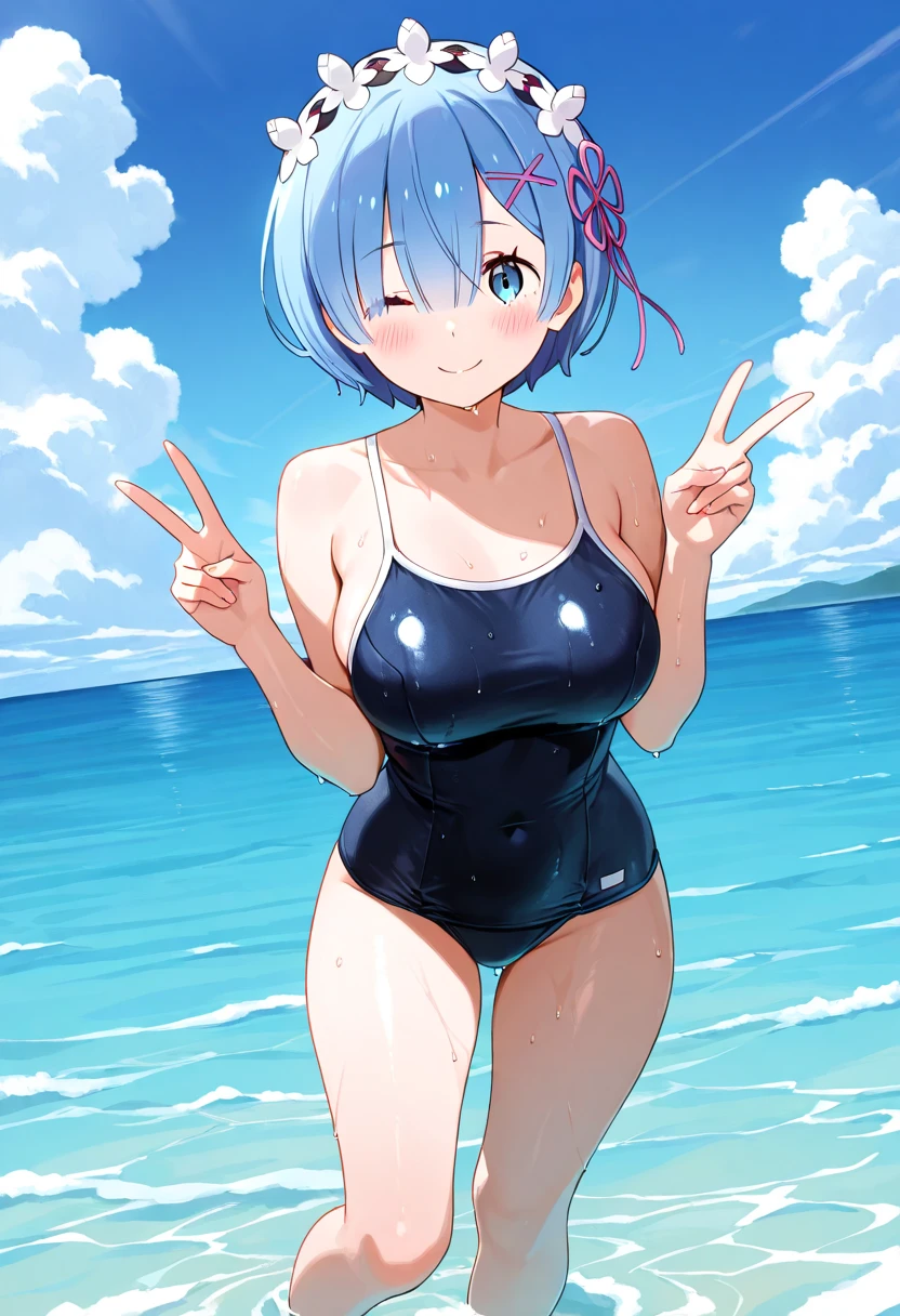 1girl, rabbit ears, animal ear fluff, ((animal ear fluff)), light blue hair, blue hair, very short hair, pixie cut, purple eyes, one eye closed, large breasts, thick thighs, hourglass figure, light smile, one-piece swimsuit, competition swimsuit, bare legs, mature female, beach, blue swimsuit, blue one-piece swimsuit, ((competition swimsuit)), (mature female)