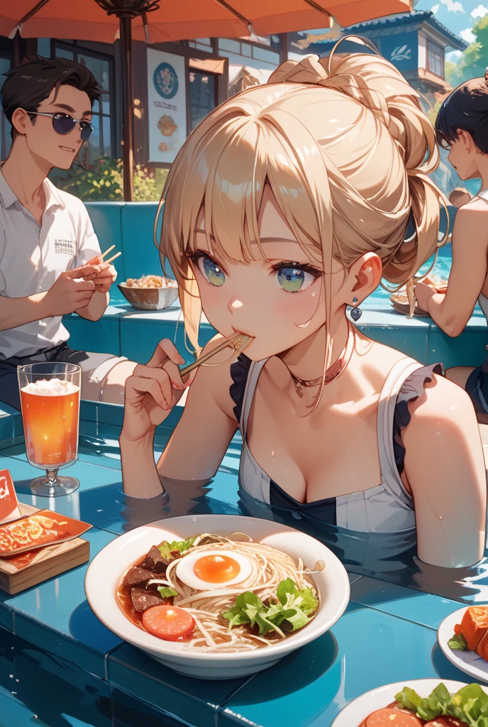 RAW image quality, 8K, (5cm tall girl in a swimsuit for tonkotsu ramen), Looking at the camera, ultra high quality CG,