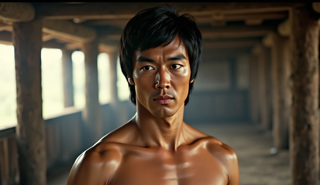 (8K, original photo, best quality),(((Martial arts superstar actual))),1 person,26-year-old man,street frontage,intricate details,Keep your mouth shut,muscle男,(((Manliness))),look away,male focus, ((best quality)), ((masterpiece)), (detailed), Young martial arts superstar male portrait, 18 year old male model, Handsome, High, cute look, seductive eyes, dark appearance, powerful, young male, Handsome model, clean shaved, silver eyes. (Brown messy short curly hair:1.2), messy curly hair, (short hair:1.7) super strong, muscle发达的, fit, massive muscles, (topless的:1.8), topless的, half naked, topless, muscle, torn, Strong body, fit body, great , amazing arms, Photo shooting site, (dark background:1.1) 8K, high detailed, ultra-detailed, fashion pose, Realistic skin texture, Movie lighting for Enter the Dragon