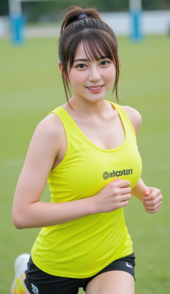 Highly detailed CG unity 8k wallpaper, of the highest quality, Super detailed, masutepiece, Realistic, photographrealistic, extremely detailed cute girl, 25yo, cleavage , (perspired) ,  Round eyes, peeping at the viewer,  Blush, Smile, parted lip, Semi-body shot , Realistic、track suit、Realistic reproduction with vests ,  Panties , Squat, sports gym