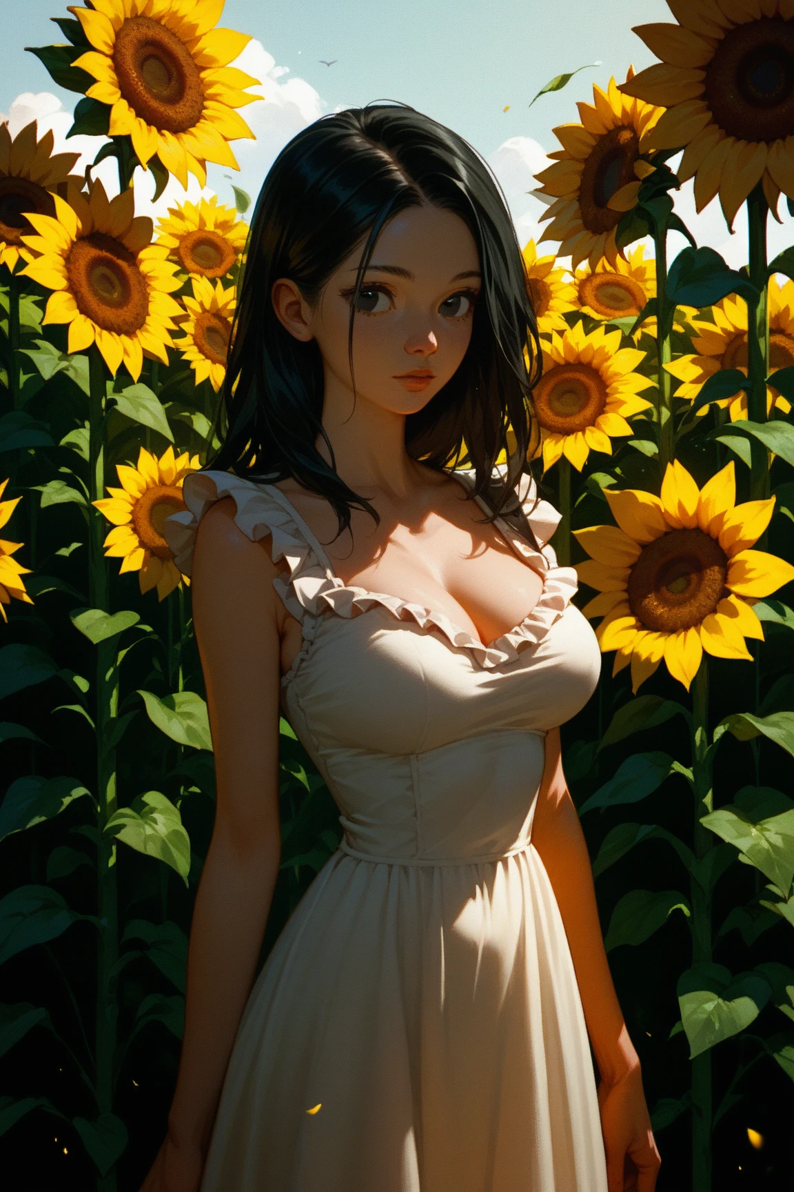 Medium round breasts, (1 mature Girl), ((light black color hair: 5.2, long straight style, messy bangs)), blue eyes, double eyelids, light effect on the eyes, wide hips, black off-the-shoulder skirt dress , stylish, beautiful smile, shy, blush on cheeks, ((sexy body)), solo, best quality, masterpiece, portrait, flirting with viewer, sensual pose, detailed, perfect ???????, detailed art, high definition, 4k , high resolution, garden, grass, holding bouquet of flowers, house