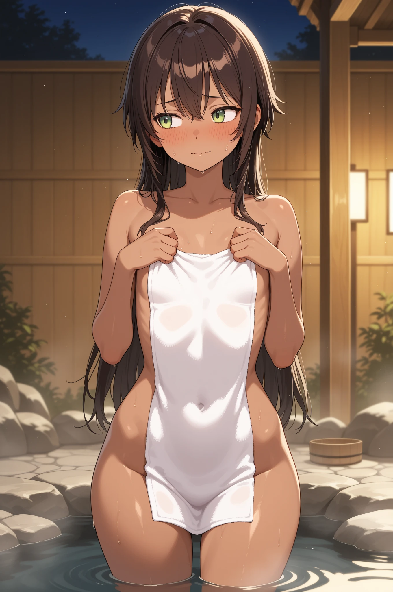 ((masterpiece,best quality anime,Highest quality:1.3)),realistic,cowboy shot,(25 year old beauty),Female ninja、1woman,solo,((very small head:1.4)),((very long body:1.3)),black hair,bangs,(long ponytail hair),gorgeous big eyes,black eyes,shy,((tan skin:1.4)),((slender body:1.3,skinny)),medium breasts,gleaming skin,shiny skin,((White brown、White tube top shirt、navel、)),sweat:1.3,standing,Domestic、temple、
