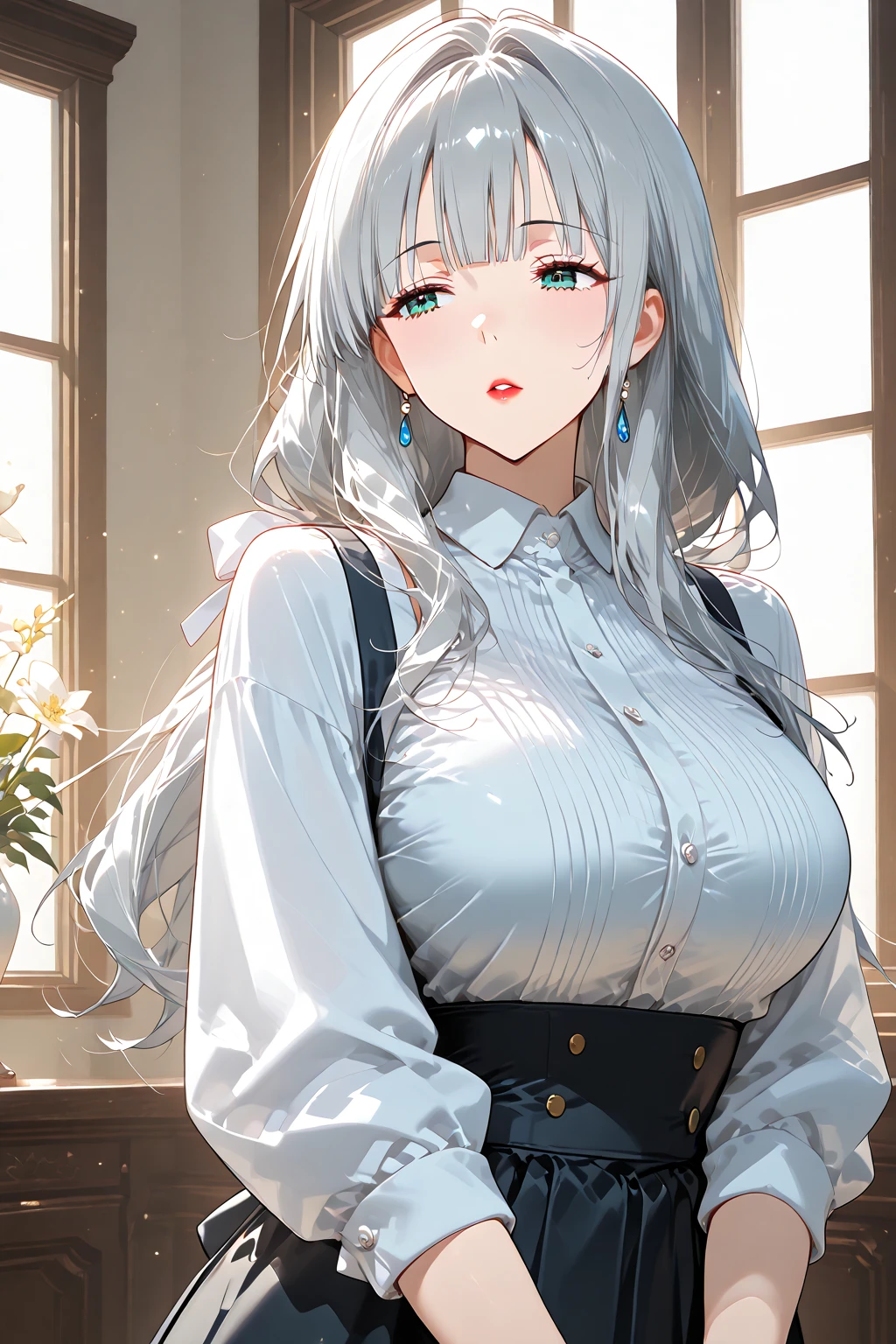 (girl, white hair, long hair, green eyes, sharp gaze, upper body, modern dress, smiling face, single woman, mature woman, suit, modern attire, western attire, office look), (best quality,4k,8k,highres,masterpiece:1.2), ultra-detailed, realistic:1.37, HDR, studio lighting, professional, vivid colors, portraits, contemporary, soft color tones, gentle and warm lighting.